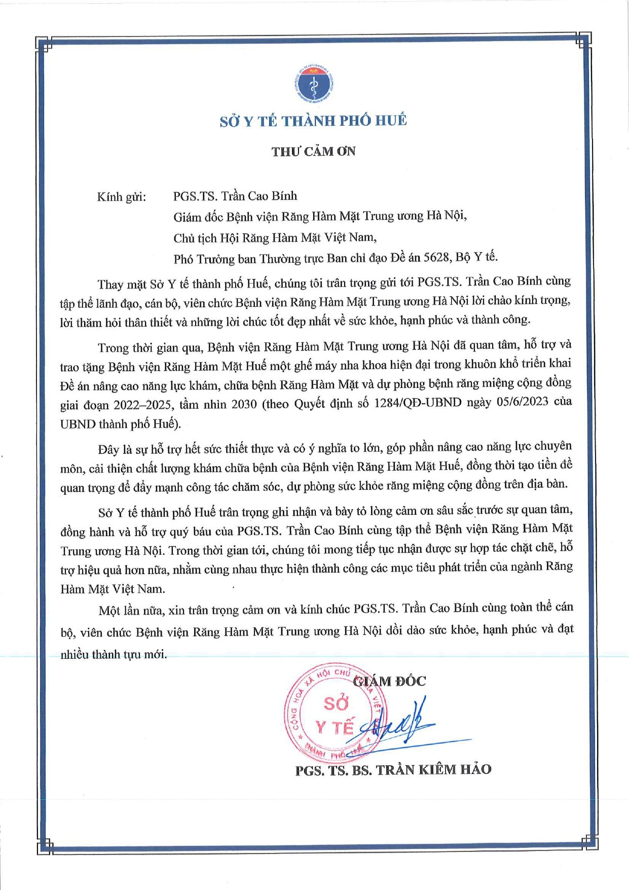  THƯ CẢM ƠN TỪ SỞ Y TẾ THÀNH PHỐ HUẾ 